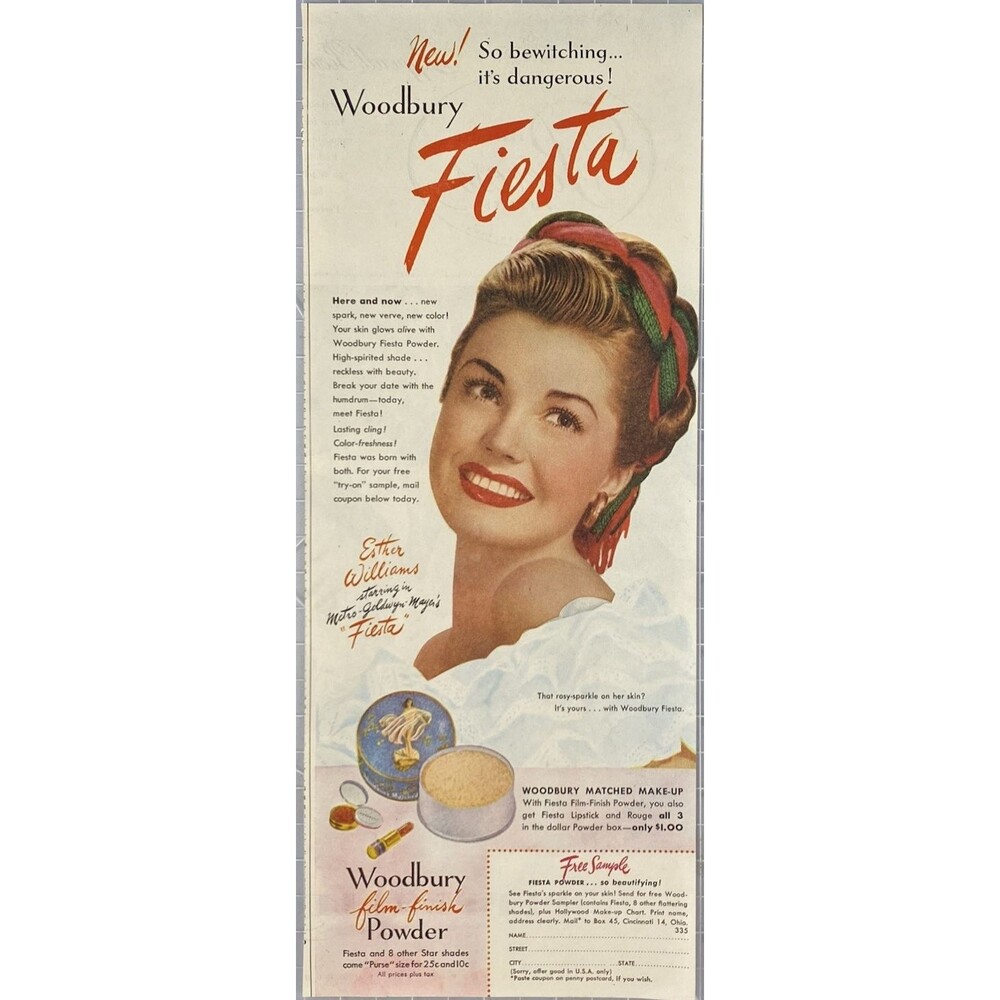 Woodbury Fiesta Film Finish Powder "Esther Williams" So Bewitching!" Ad 1947